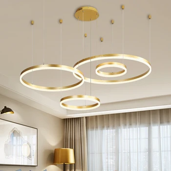 Post-Modern, Inele Pandantiv cu LED-uri Lampă Candelabru Estompat Cafea Aur Circulară Agățat Suspensie Dormitor Lumina Lămpii de luciu de la Distanță