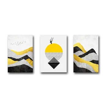 Nordic Geometrice Abstracte Peisaj De Munte Arta De Perete Panza Pictura Soare De Aur, Cerbul De Artă Poster De Imprimare Poza Perete Decor Acasă