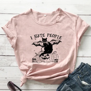 Urasc Oamenii Cat Negru T-shirt pentru Femei la Modă de Halloween, Cadou de Vacanță de Top Tee Amuzant Unisex Maneca Scurta Introvertit Grafic Tricou