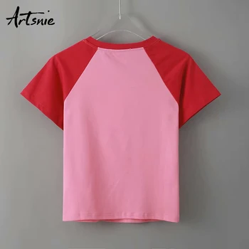 Artsnie streetwear casual tricou femei de vară o-gat maneci scurte topuri de cultură femme desene animate roz mozaic trunchiate tricou mujer