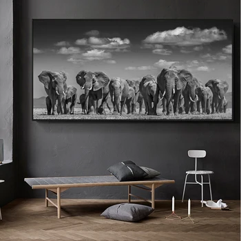 Modern Negru African Turmă de Elefanți Postere si Printuri de Arta de Perete Panza Pictura Imagini de Animale pentru Camera de zi Cuadros Decor