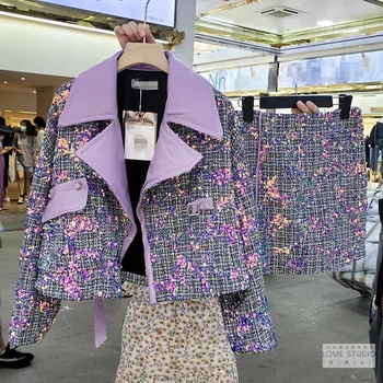 Europa 2020, Noul Grele Paiete Tweed PU patch-uri de Lână Crop Top Sacou + Fusta Mini 2 buc Costum Violet Doamnă Elegant Fusta Set