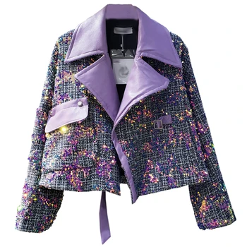 Europa 2020, Noul Grele Paiete Tweed PU patch-uri de Lână Crop Top Sacou + Fusta Mini 2 buc Costum Violet Doamnă Elegant Fusta Set