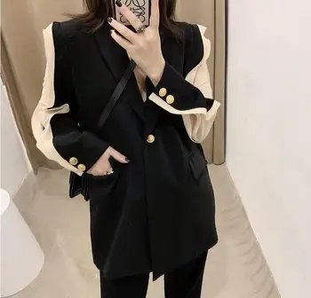 2019 Nou de Toamna cu maneci Lungi de Cusut Volane Negru Blazer Vintage Femei din Coreea de Dintata Contrast Costum de Culoare OL Haina uza