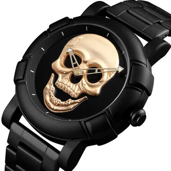 Negru complet Barbati Ceas Gravate cu Laser Cap de Craniu Ceasuri Punk Schelet Ceas de mână pentru Bărbați de Lux Masculin Cuarț Încheietura Ceasuri