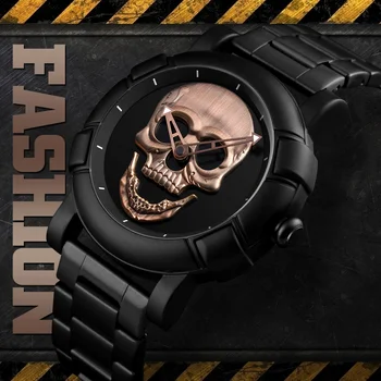 Negru complet Barbati Ceas Gravate cu Laser Cap de Craniu Ceasuri Punk Schelet Ceas de mână pentru Bărbați de Lux Masculin Cuarț Încheietura Ceasuri