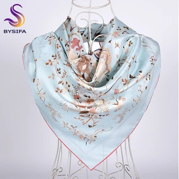 [BYSIFA] Albastru de Mătase Eșarfă Șal 2019Top Clasa Cocorul Alb Design Diagonal Mare Pătrat de Esarfe Toamna-Iarna Gât Eșarfă Hijab 90cm