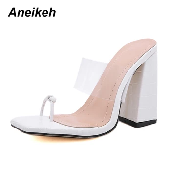 Aneikeh 2020 Noi de Vara Femei Pantofi Papuci de Bază din PVC Concis Superficial toc Pătrat Aluneca Pe Afara Deget de la picior Pătrat de Dimensiune 35-41 alb