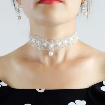SLBRIDAL la Modă, Farmec Moda Dantela Cristale de Zircon Perle Femei Guler Cravată Colier Fete Curea de Gât Declarație Lanț colier