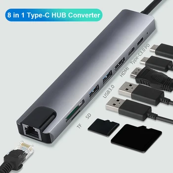 USB Type-C Hub Pentru 4K HDMI-u RJ45 USB SD/TD Cititor de Carduri PD Încărcare Rapidă 8-în-1 Adaptor Multifuncțional Pentru MacBook Pro Laptop
