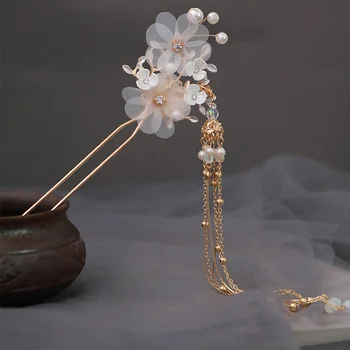 1 buc Nou Retro Tradițională Chineză Antică Margele de Cristal Flori Simulat Perle Ciucure Lung Stick de Păr Agrafe de par Pas se Agită