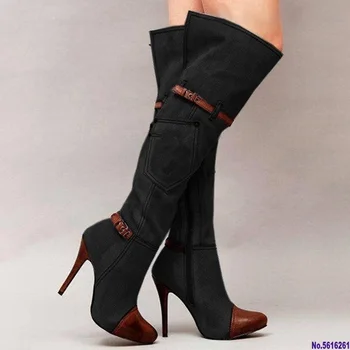 Peste genunchi cizme pentru femei toamna iarna denim tocuri inalte doamnelor pantofi sexy catarama curea platforma cizme lungi a coapsei cizme înalte