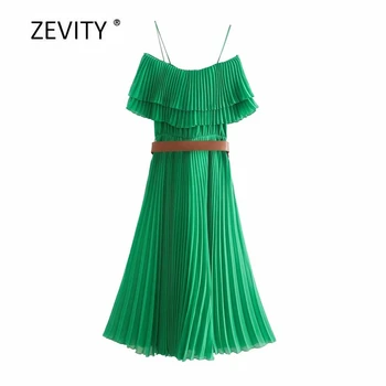 Zevity Femei de moda slash gât volane plisata verde sling doamnelor Rochie sexy de pe umăr petrecere vestido eșarfe Rochii DS4029