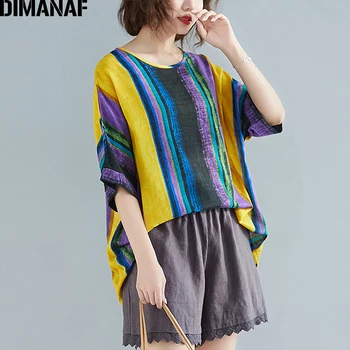 DIMANAF Vara Plus Dimensiune T-Shirt pentru Femei Vintage de Îmbrăcăminte de Bază Doamna Tunica Topuri Tricou Bumbac Lenjerie de Imprimare Vrac tricou cu Dungi