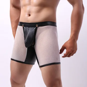 Oamenii Jambiere pantaloni Scurți Lenjerie de Plasă Transparentă de Piele PU Butonul de Deschis Picioare boxeri Deschide Fundul Wetlook Homosexual Fetish Clubwear