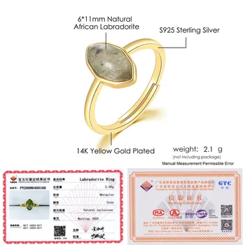 LAMOON Argint 925 Inel Pentru Femei Naturale Africane Labradorit Piatră prețioasă Placat cu Aur 14K Bijuterii Fine Stil Simplu LMRI111