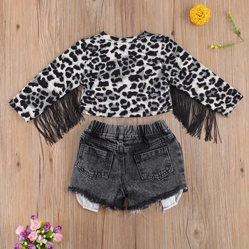 FOCUSNORM Moda pentru Copii Haine Fete Seturi de Leopard Ciucure Pulover Maneca Lunga Camasi Bluze pantaloni Scurti din Denim