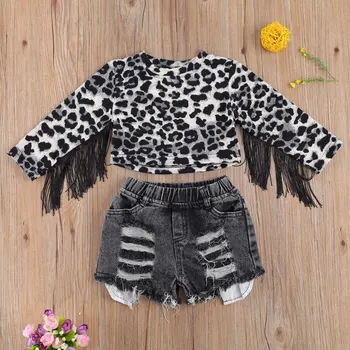 FOCUSNORM Moda pentru Copii Haine Fete Seturi de Leopard Ciucure Pulover Maneca Lunga Camasi Bluze pantaloni Scurti din Denim