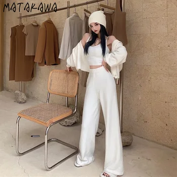 MATAKAWA Trei-bucata Set pentru Femei Toamna și Iarna Slim Scurt Sling Cămașă cu mâneci Lungi Tricotate Cardigan Femei Pantaloni Casual