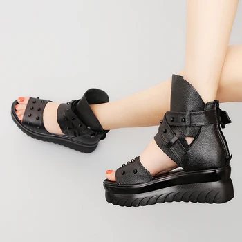 Platforma de Brand pentru Femei Sandale de Vară 2020 Vacă din Piele cu Talpă Groasă Sexy Strada Pene Sandale Casual Tocuri inalte Pantofi Femeie