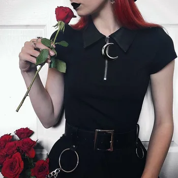 Negru, Gotic, Punk Femeie Rochie Plisată 2020 Doamna Metal Semiluna cu Fermoar POLO Gât Imperiu Șic Goth în aer liber Strada Rochii Sexy