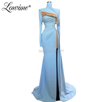 2020 Albastre Elegante Rochii De Seara Lungi Sirena De Înaltă Gât Mâneci Femeile Petrecere, Rochii De Înaltă Split Arab Dubai Rochie De Bal Robe
