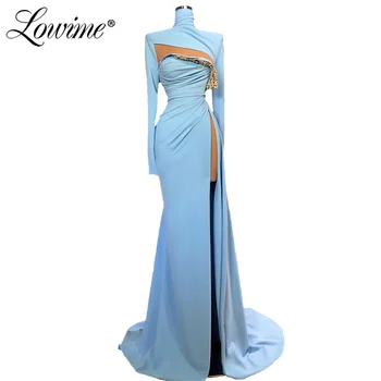 2020 Albastre Elegante Rochii De Seara Lungi Sirena De Înaltă Gât Mâneci Femeile Petrecere, Rochii De Înaltă Split Arab Dubai Rochie De Bal Robe