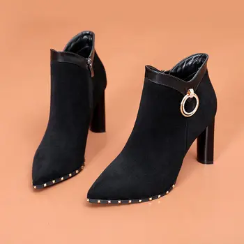 Cizme scurte Femei,În 2020, cu Toc Glezna Cizme de Iarna pentru Femei Pantofi de Pluș,Nituri Platforme,a subliniat Deget de la picior,Femeie Încălțăminte,Negru