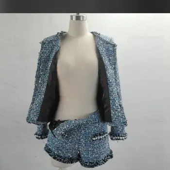 Albastru sacou de tweed +fuste costume de margele Elegante de primavara / toamna noi, avansate de personalizare Grele strat de sacou / pantaloni scurți costum