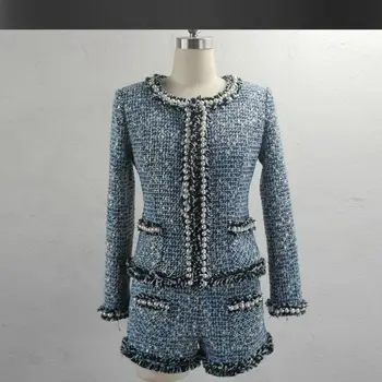 Albastru sacou de tweed +fuste costume de margele Elegante de primavara / toamna noi, avansate de personalizare Grele strat de sacou / pantaloni scurți costum