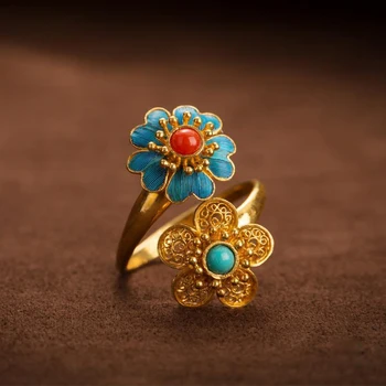 Naturale de sud roșu turmalina floare inel deschis Chineză retro palace stil unic, vechi de aur ambarcațiuni de lux doamnelor bijuterii