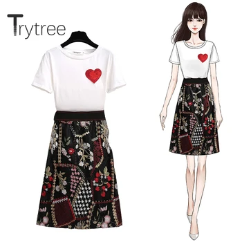Trytree de Vară 2020 Femei din două piese set Casual, O-neck Dragoste 2 Culoare T-shirt, Blaturi + Fusta de Moda Broderie Set 2 piese set