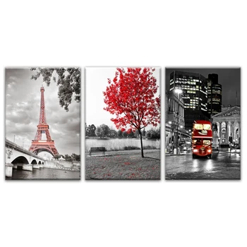 Panza HD Printuri de Imagini Arta de Perete 3 Piese Paris Turnul Autobuz Roșu Arțar Pictura Peisaj Modular Poster Living Decorul Camerei Încadrată