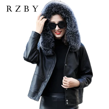 Femei jachete de piele de oaie piele naturala пальто женское negru real haina de piele de sex feminin vulpe guler de lână subțire cald motocicleta de top