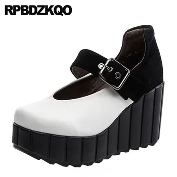 Curea handmade pantofi de moda 2019, femei de lux pană platforma din piele de brevet rotund toe pompe bej gotic tocuri originale noi