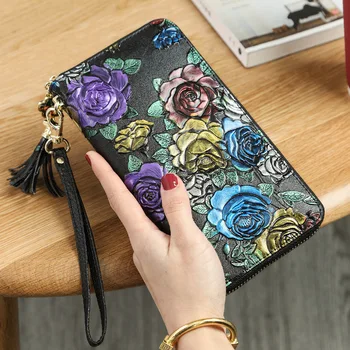 Piele naturala cu fermoar lung portofel femei geanta doamnelor portofel original Ciucure stil etnic 3D embressed portofel telefon mobil sac