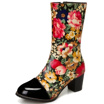 RIBETRINI Femei Flori Rotund Toe Cusut Fermoar Tocuri inalte Mid Calf Pantofi pentru Femei Brand Clasic Cizme de Iarna Cizme de Moda