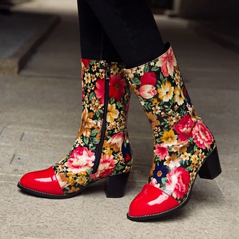 RIBETRINI Femei Flori Rotund Toe Cusut Fermoar Tocuri inalte Mid Calf Pantofi pentru Femei Brand Clasic Cizme de Iarna Cizme de Moda