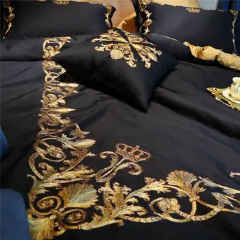 De lux din Bumbac egiptean Negru Coroana de Aur asternuturilor de Pat Set de Broderie Matasoasa Carpetă Acopere Seturi de lenjerie de Pat fețe de Pernă Regina King size 4/6/7Pc