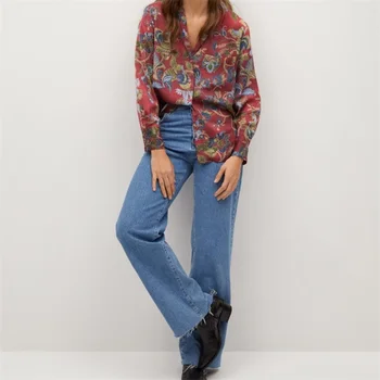 TRAF Femei 2021 Moda Casual, Lejere Stil Etnic Rever Tipărite Bluză cu Mânecă Lungă Streetwear