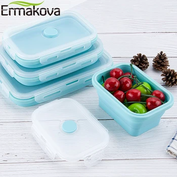 ERMAKOVA 3 sau 4 Buc Silicon Pliabil Masa Bento Box Rezistent la Căldură Pliante de Depozitare a Alimentelor Container Etanș cu Capac de Plastic
