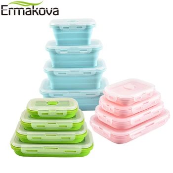 ERMAKOVA 3 sau 4 Buc Silicon Pliabil Masa Bento Box Rezistent la Căldură Pliante de Depozitare a Alimentelor Container Etanș cu Capac de Plastic