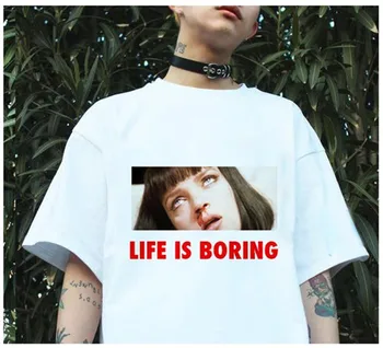 Spoof Harajuku Feminin Alb T-shirt 2018 T de Vară Noutate Tricou Femme Viața este Plictisitoare Scrisori de Imprimare Tricou Femei