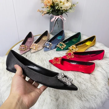 Satin Moale Printesa Pantofi Femei A Subliniat Deget De La Picior Cristal Moda Femei Pantofi Plat Plus Dimensiune 41 De Mireasa Mocasini