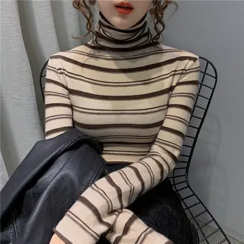 Cu dungi Guler Pulover Femei 2020 New Style Slim-Fit Slim Heap Guler de Bază Tricou Femei Toamna și Iarna Mâneci Lungi