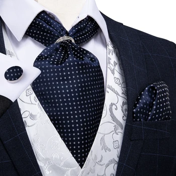 Noul Design Bărbați Cravată De Mătase Bleumarin Dot Formale Ascot Tie Batistă Set Cu Inel De Nunta Formale Auto Lega Cravata DiBanGu