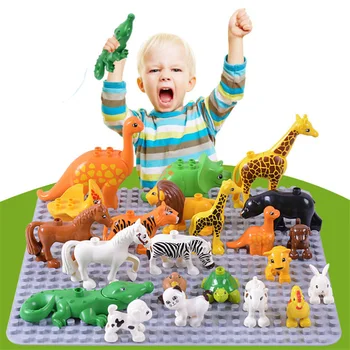 20buc/lot DIY Duploed Animal Zoo Mari Blocuri Lumineze Copilului Jucarii Leu, Girafa Dinozaur Caramida Copii Cadou