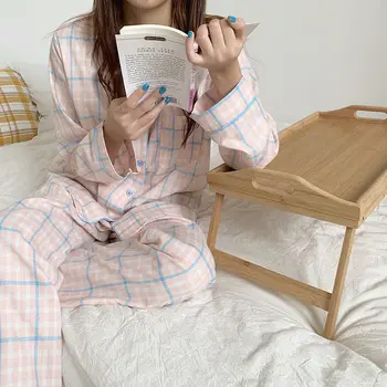 Pijamale Femei de Primăvară și Toamnă Lungă cu mâneci Cardigan Costum Carouri Roz-coreean Dulce Vrac Acasă Costum Neglijeu pentru Femei Badjas
