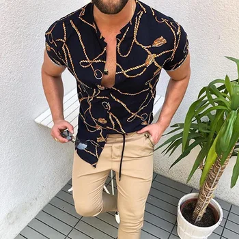 Vara Tricouri pentru Barbati Nation Stil Tipărite Stand Guler Maneci Scurte Cardigan Vrac s Singur Pieptul Cămașă Hawaiană Camasa Casual