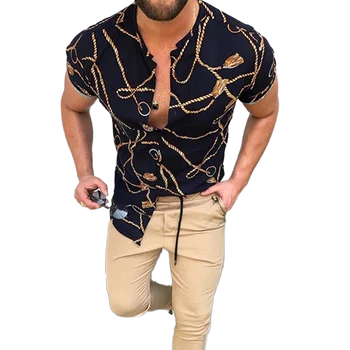 Vara Tricouri pentru Barbati Nation Stil Tipărite Stand Guler Maneci Scurte Cardigan Vrac s Singur Pieptul Cămașă Hawaiană Camasa Casual